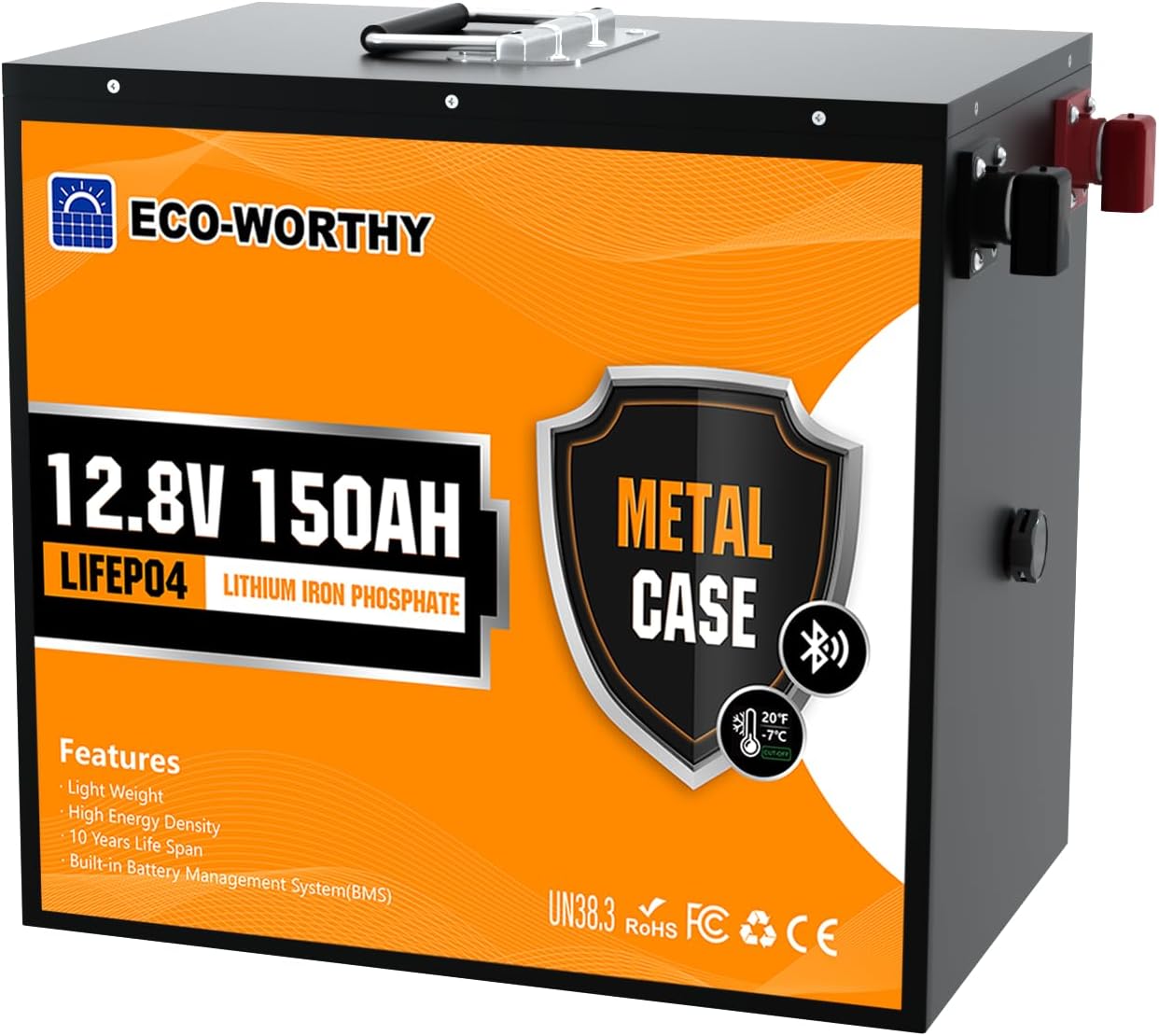 ECO-WORTHY 12V 150Ah Metal Case LiFePO4 Lithium Battery with Bluetooth, Low-Temp Protection, Rechargeable Deep Cycle Battery with 120A BMS, Ideal for Solar, RV, Camper, Marine, Trolling Motor