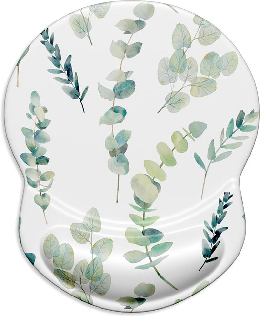 ITNRSIIET Ergonomic Mouse Pad with Gel Wrist Support Small Wrist Rest Smooth Surface Non-Slip PU Base Comfortable Office Supplies Pain Relief, 8.7 x 7.2 inches, Eucalyptus Branches