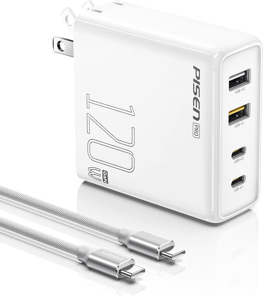 PISEN 120W USB C Charger - 120W 4-Port GaN USB C Charger Block Fast Charging with 6FT USB-C to C Cable, 120W Charger for MacBook Pro/Air, Pixelbook, iPad, iPhone Series, Samsung, Pixel 8, Steam Deck