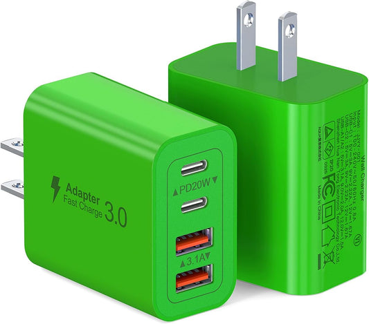 2 Pack USB C Charger, 40W Fast Charge Cube, 4-Port QC+PD Wall Plug,Multi-Port Type C Power Adapter for iPhone 16 15 14 13 12 Pro Max XS XR 8,Galaxy S24,Nexus,HTC,Google Pixel,and More(Green)