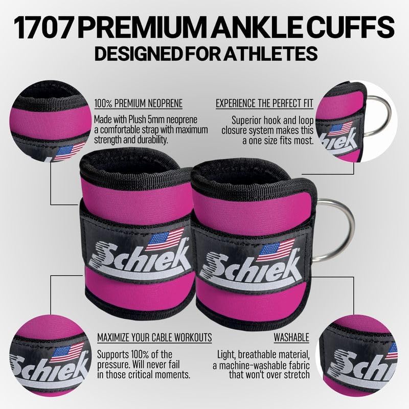 Schiek Sports 1707 Ankle Cuffs - Ideal for Glute Kickbacks and Cable Machine Workouts - Durable and Built To Last