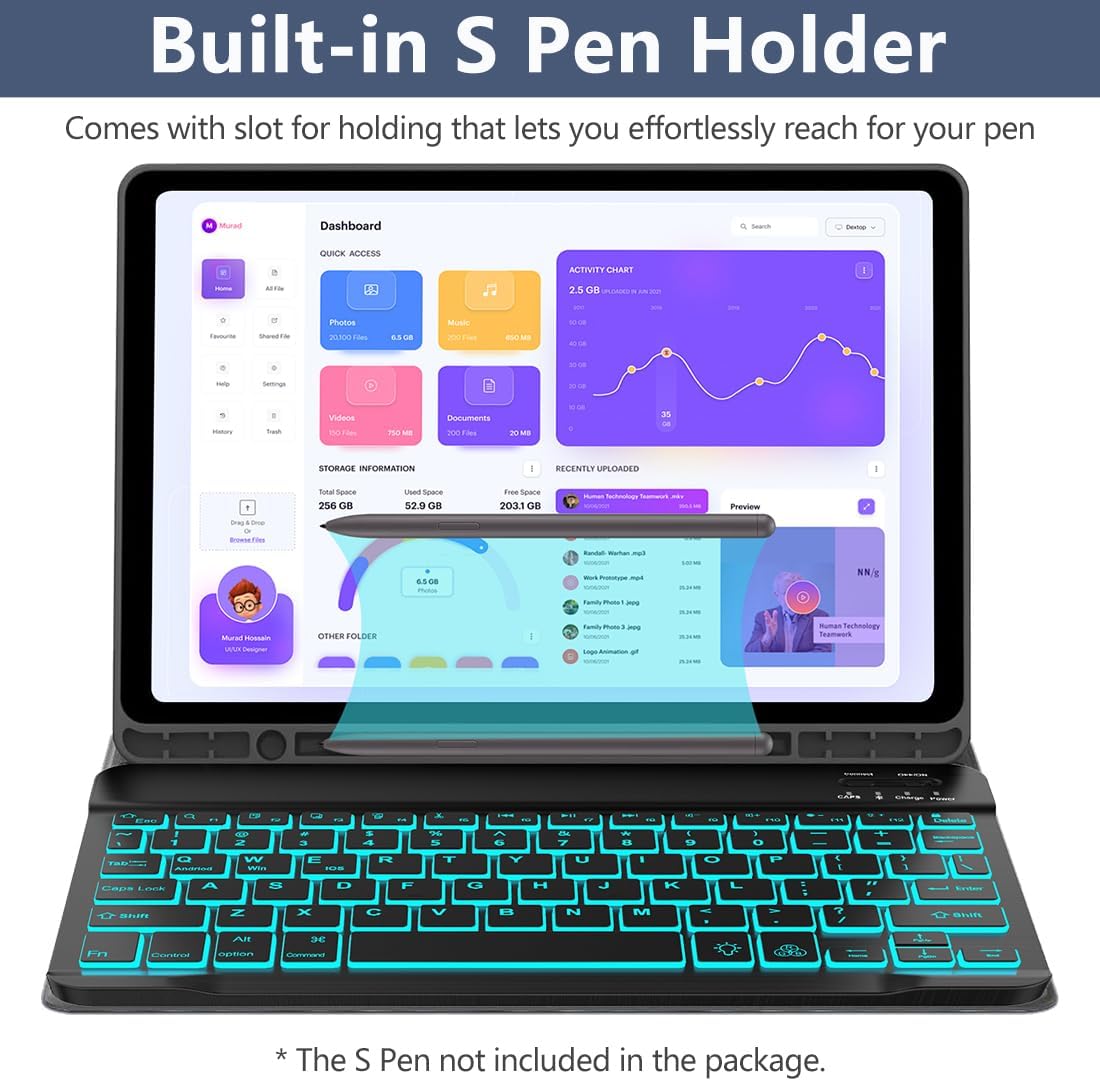 Keyboard Case for Samsung Galaxy Tab A9 Plus 5G 11 inch 2023 (SM-X210/X216/X218), 7 Color Backlit Detachable Keyboard Bluetooth, Smart Folio Cover with S Pen Holder for Galaxy Tab A9+ 11"（Dark Blue