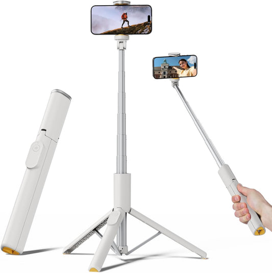 TODI Selfie Stick Tripod for iPhone, 60" Lightweight Phone Tripod Stand with Wireless Remote, Extendable Selfie Stick for Android, All-in-1, Compatible with iPhone/Android (White)