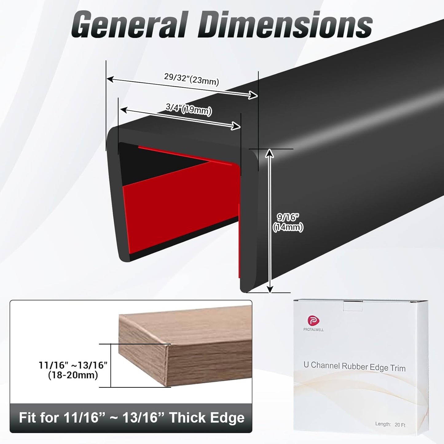 Rubber Edge Trim, Self Adhesive U Channel Edge Trim, Big Size U Shaped Trim, Edge Banding for Plywood, Woods, Shelf, Cabinet, Countertop, Fit for 3/4", Length 20Ft, Black