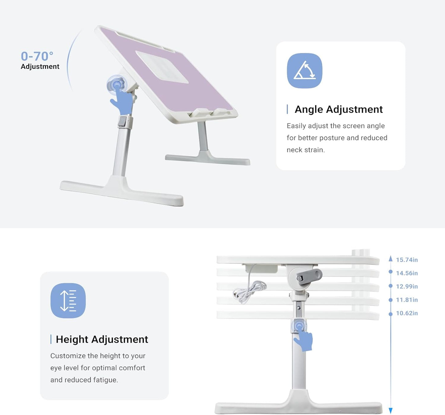 Laptop Lap Desk Include Cooling Fan,Adjustable Lap Desk with Light Fan,Folding Laptop Desk for Bed with USB,Bed Desk with Storage Drawer 56x32cm,Purple