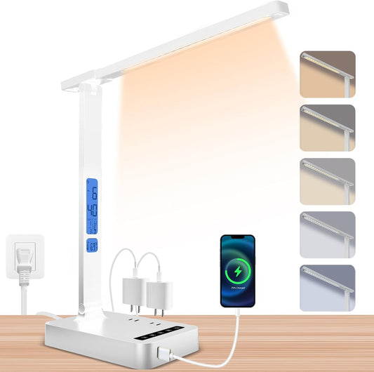 Smart Desk Lamp with Dual USB Charging (Type-C/USB-A) & 2 AC Outlets, Digital Clock, Temperature Display, 5 Color Modes, 5 Brightness, Adjustable - for Office, Bedroom, Dorm Room, Study