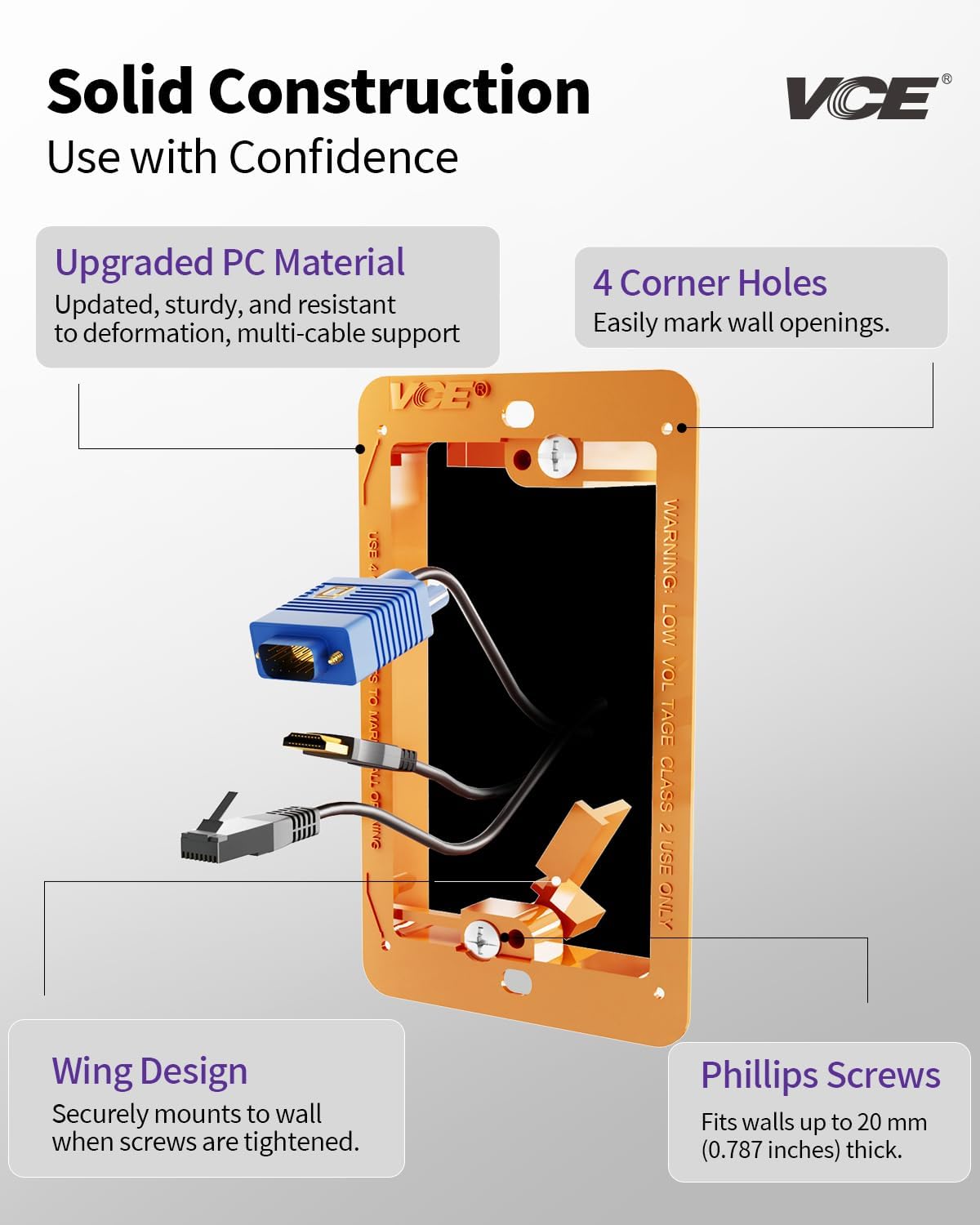 VCE Low Voltage Mounting Bracket Single Gang Wall Plate, Flush Low Voltage Box for Network, HDMI, Coaxial, Speaker, Telephone Cables, Orange, 5 Pack