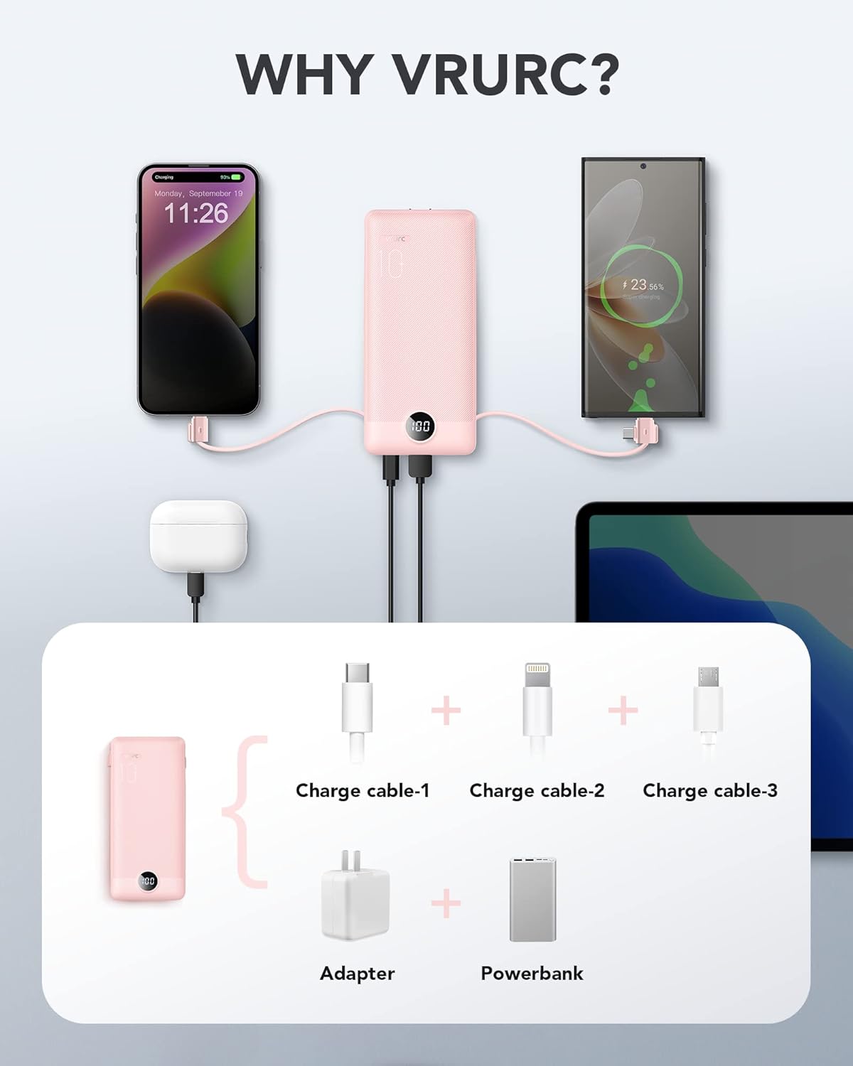 VRURC Portable Charger Built-in Cables and AC Wall Plug, USB C Power Bank 10000mAh, Travel Essentials Phone Charger Compact Lightweight External Battery Pack for Smart Phones, Tablets etc-Pink
