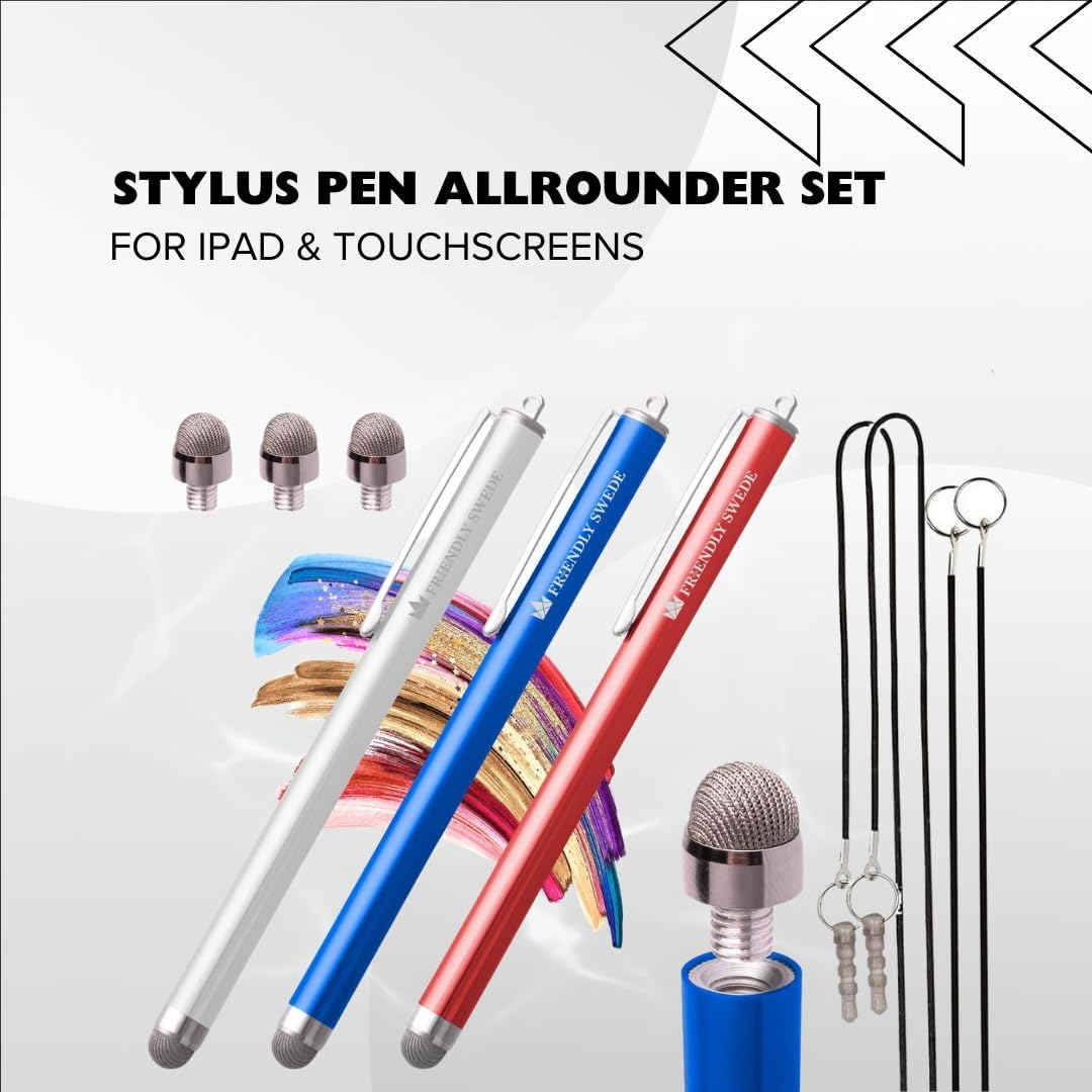 The Friendly Swede Mesh Tip Stylus Pen for Touchscreen — 3-Pack Micro-Knit Capacitive Stylus Pen for iPad & iPhone with 3 Replaceable Fiber Tips, Elastic Lanyards & Screen Cleaning Cloth