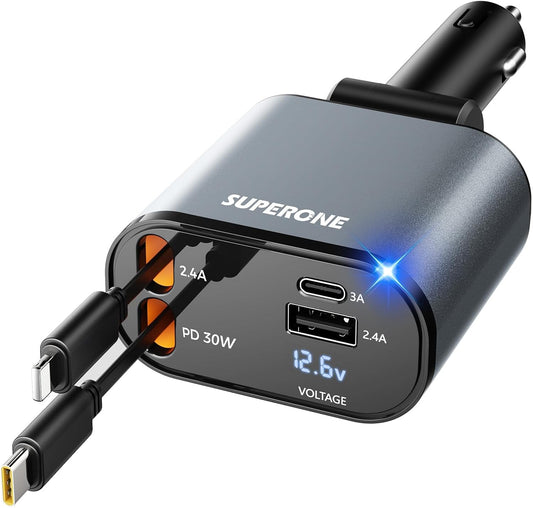 【Upgraded】 SUPERONE Retractable Car Charger 4 in 1, Fast Car Phone Charger with Cord 2.6ft, USB C and Apple Car Charger Adapter, Compatible with iPhone 16 15/15 Pro Max/14/13/12/11, Galaxy, Pixel