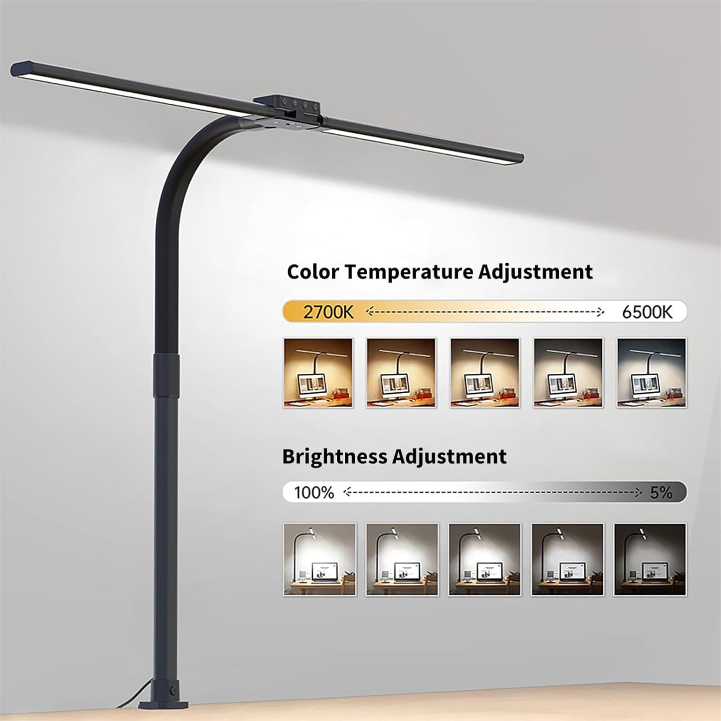 Full Spectrum LED Desk Lamp, Sun Lamp 15W Eye-Caring Table Light with CRI≥95, Flicker-Free, Low Blue Light, 2700K-6500K, Stepless Dimming, 360° Arm, Clamp Base for Office & Study