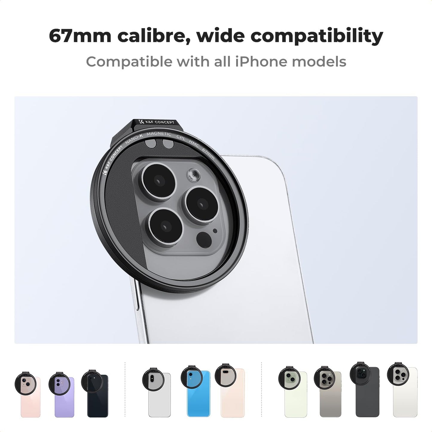 K&F Concept Clip On 67mm CPL Magnetic Phone Lens Filter Kit, Phone Clip with Magnetic Adapter Ring/Cold Shoe/Locking Knob, Polarizer Filter for iPhone 16 15 Pro Max 14 13