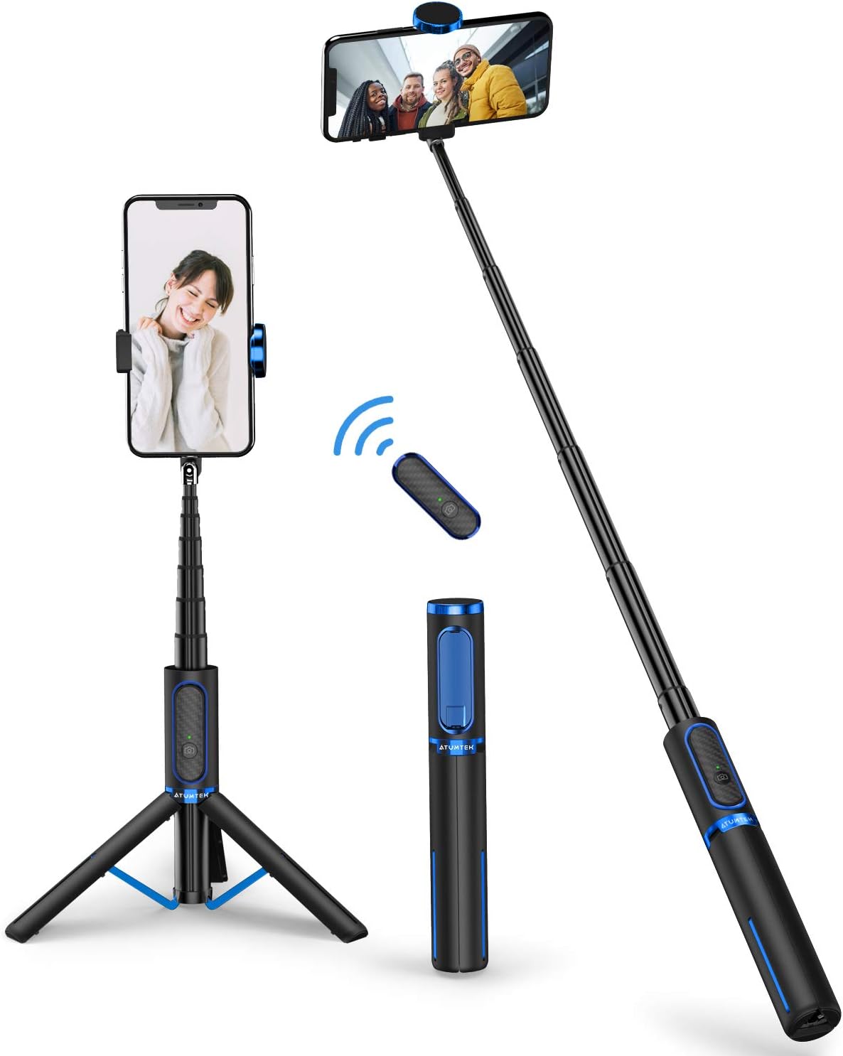 ATUMTEK Selfie Stick Tripod, Extendable 3 in 1 Aluminum Bluetooth Selfie Stick with Wireless Remote and Tripod Stand for iPhone 15/14/13/12/11/11 Pro/XS Max/XS/XR/X/8/7, Samsung Smartphones, Blue