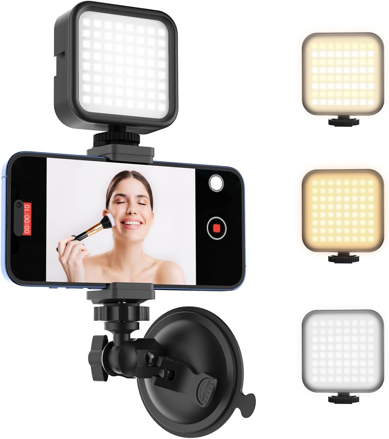 Suction Cup Phone Mount with Rechargeable Light, Mirror Phone Holder with Light Shower Bathroom Kitchen, Mirror Tripod for TikTok YouTube Instagram Make Up Pics Video Content Creator