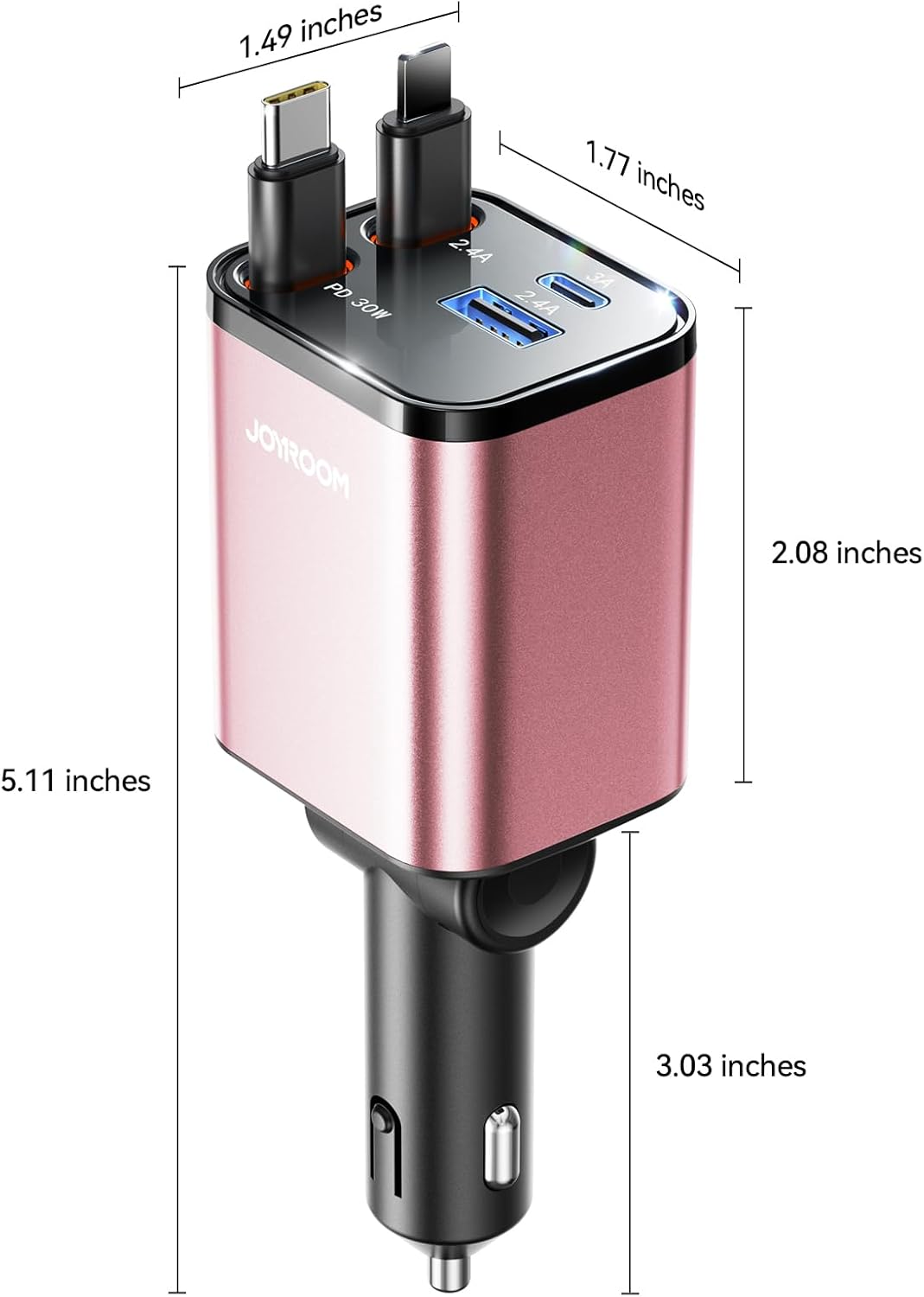 [2025 Upgrade] Retractable Car Charger 4 in 1 [69W Car Charger USB C] iPhone 16 Car Charger Fast Charging, Car Accessories, Car Phone Charger Adapter for iPhone 15 Pro Max, Pixel [Pink]