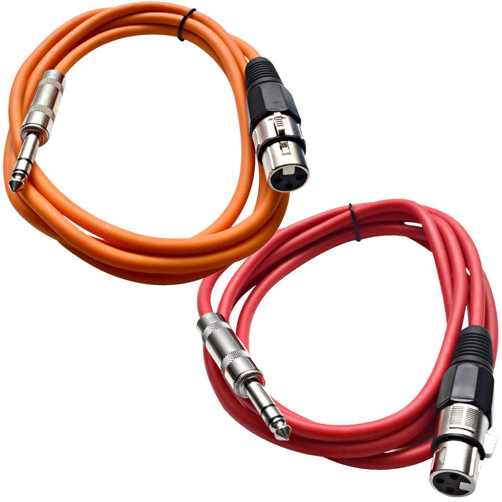 Seismic Audio - SATRXL-F6-2 Pack of 6 Foot 1/4 Inch TRS to XLR Female Patch Cables - Balanced - 6 Foot Patch Cord - Orange and Red