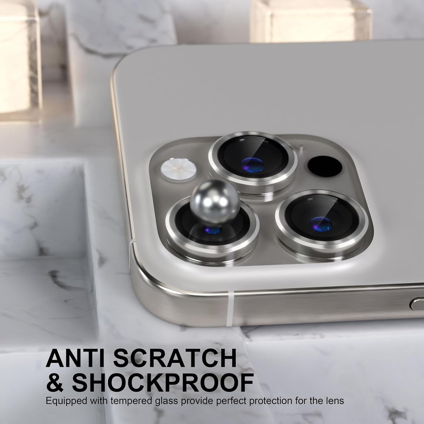 Choiche Compatible for iPhone 16 Pro/iPhone 16 Pro Max Camera Lens Protector, 9H Tempered Glass Camera Cover Screen Protector Metal Ring Decoration Accessories (Titanium Natural)