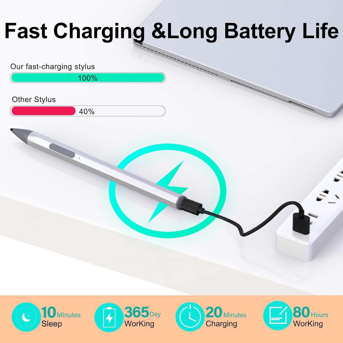 Stylus for HP Envy X360 Pavilion x360 Specter X360 Spectre x2 Envy x2 Touchscreen Laptop Rechargeable MPP 2.0 Tilt Pencil 4096 Pressure Sensitivity Using The Microsoft MPP Protocol, Silver