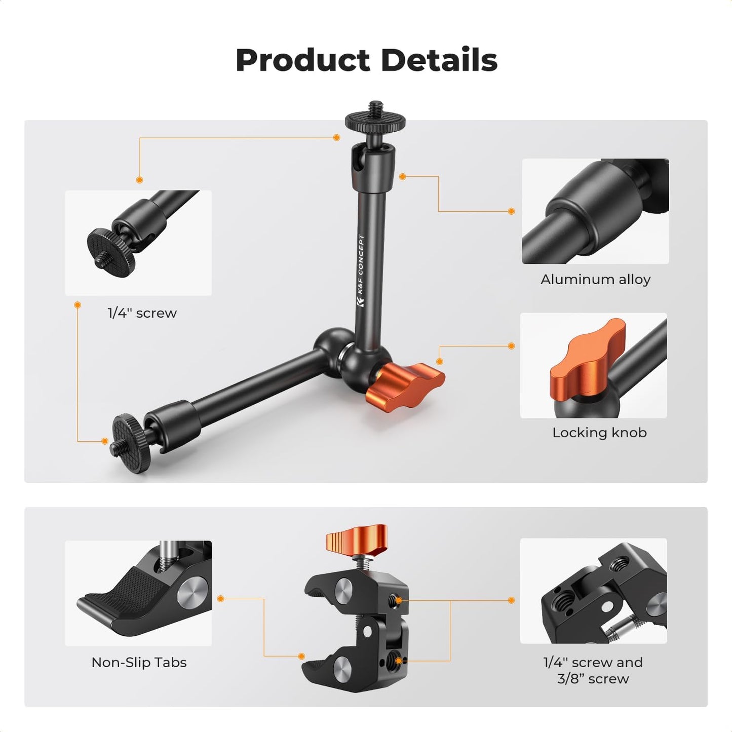 K&F CONCEPT 9.8" Magic Arm Clamp Kit with 1/4" & 3/8" Thread Screw 360° Ball Heads Articulating Magic Arm with Tripod Mount Adapter for Gopro/LED Lights/Monitor/Flash/Microphone/DSLR Camera