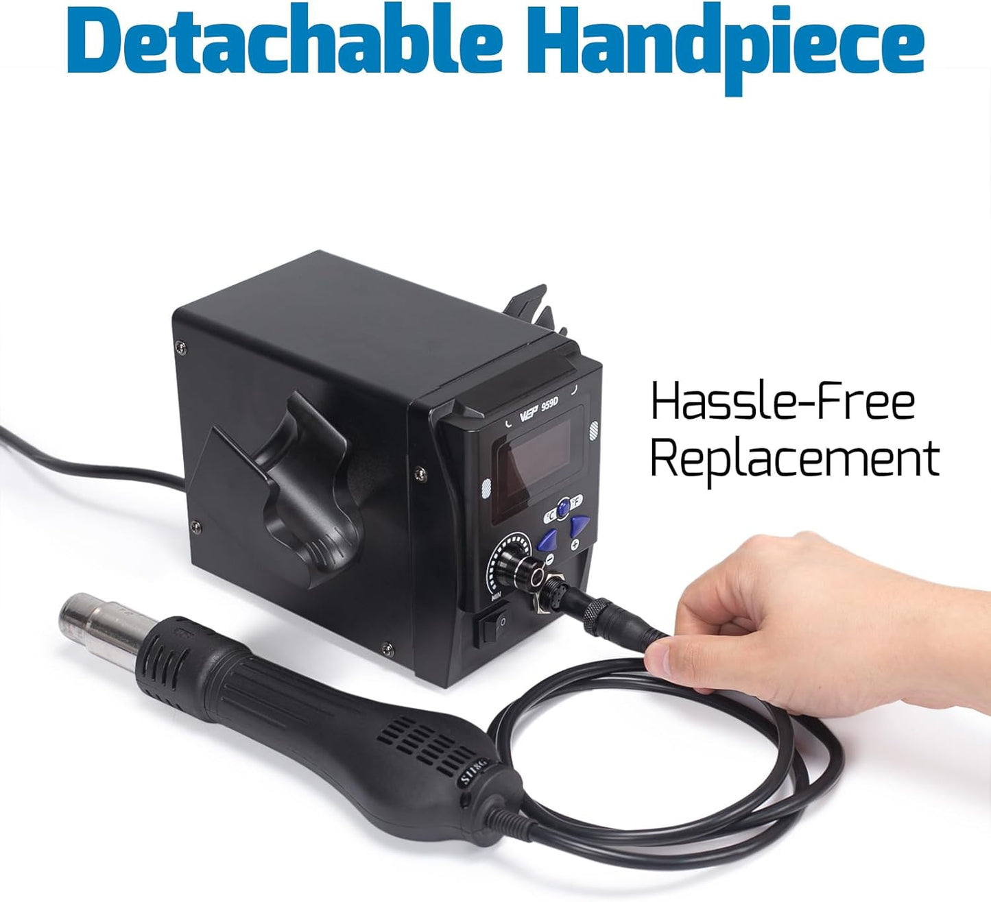 WEP 959D Hot Air SMD Soldering Rework Station with Quick-Change Nozzle System, Nozzle Holder, 5 Additional Nozzles, Adjustable Temperature, °C/°F Conversion and Buzzer Prompt