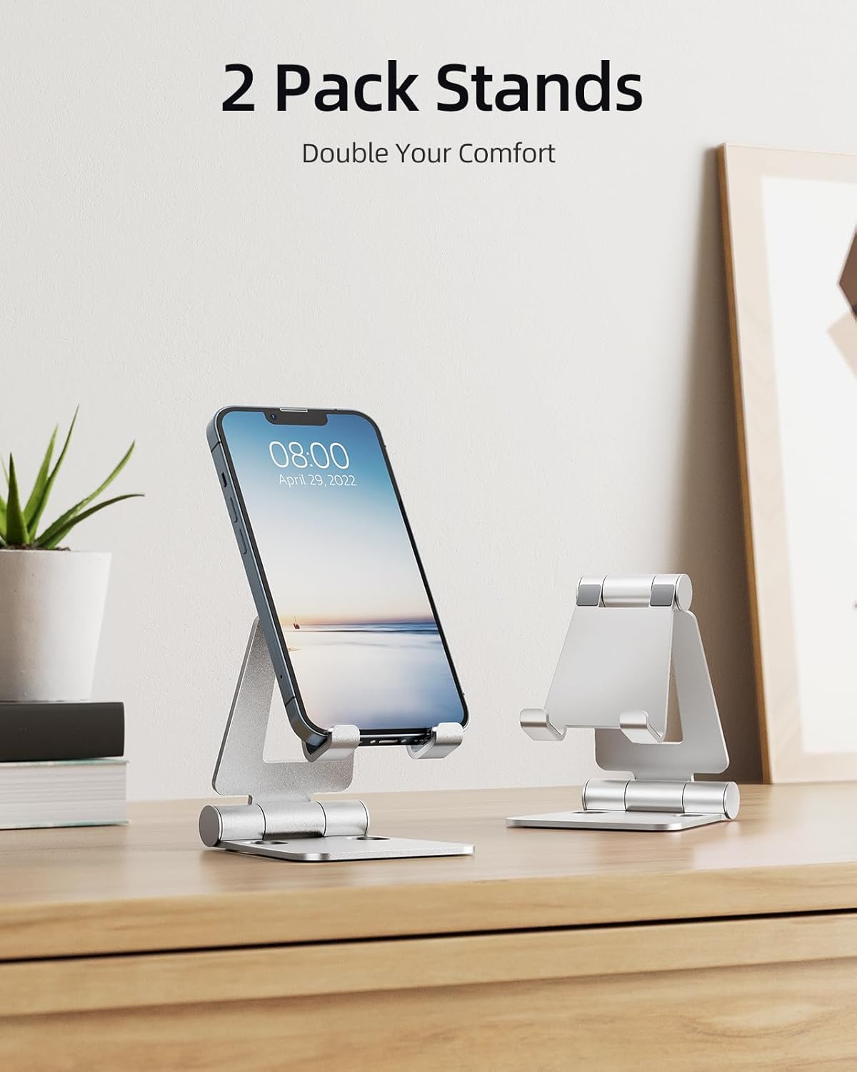 Nulaxy 2 Pack Dual Folding Cell Phone Stand, Fully Adjustable Foldable Desktop Phone Holder Cradle Dock Compatible with Phone 16 15 14 13 12 Pro Xs Xs Max Xr, All Phones, Silver