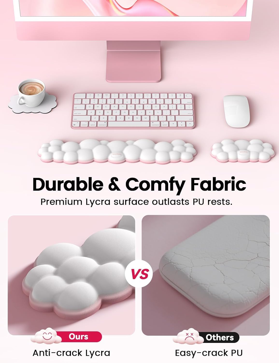 Vaydeer Cloud Keyboard Wrist Rest Set – Ergonomic Memory Foam Wrist Pad for Computer, Laptop & Gaming, Non-Slip Cute Desk Accessories for Office(Keyboard Rest + Mouse Rest + Coaster)