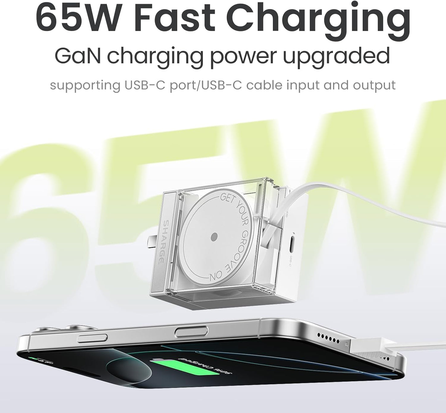 Retractable 65W USB C Charger, GaN Power Wall Charger with Retractable Cable, 2 Devices PD Fast Charging for MacBook Pro/Air, iPhone 16,Pixel Book, iPad Pro (White)