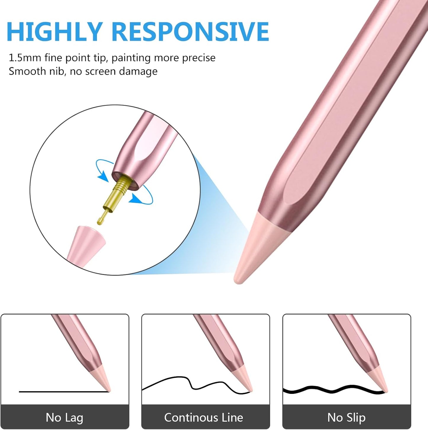 Stylus Pen for iPad 2018-2023 with Palm Rejection, Active Pencil for iPads 10th/9th/8th/7th/6th, for iPad Pro 11/12.9 inch, for iPad Air 5th/4th/3th Gen, for iPad mini 6th/5th Gen (Rose Gold)