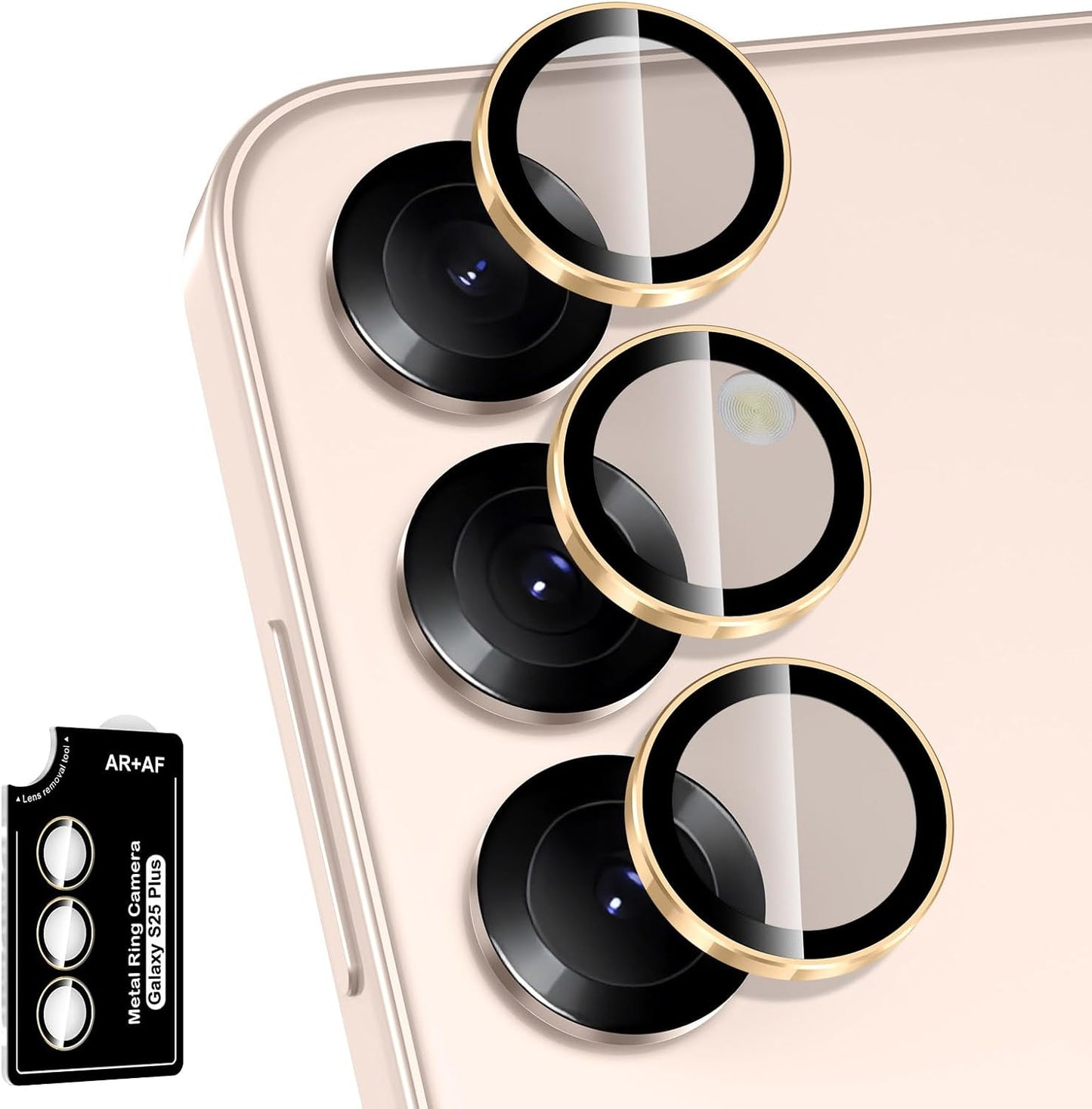 for Samsung Galaxy S25 Plus Camera Lens Protector, Individual Metal Ring Tempered Glass Lens Cover, [Strong Adsorption] Scratch Resistant Ultra-Thin HD Clear Lens Cover, 1 Set-Gold Ring