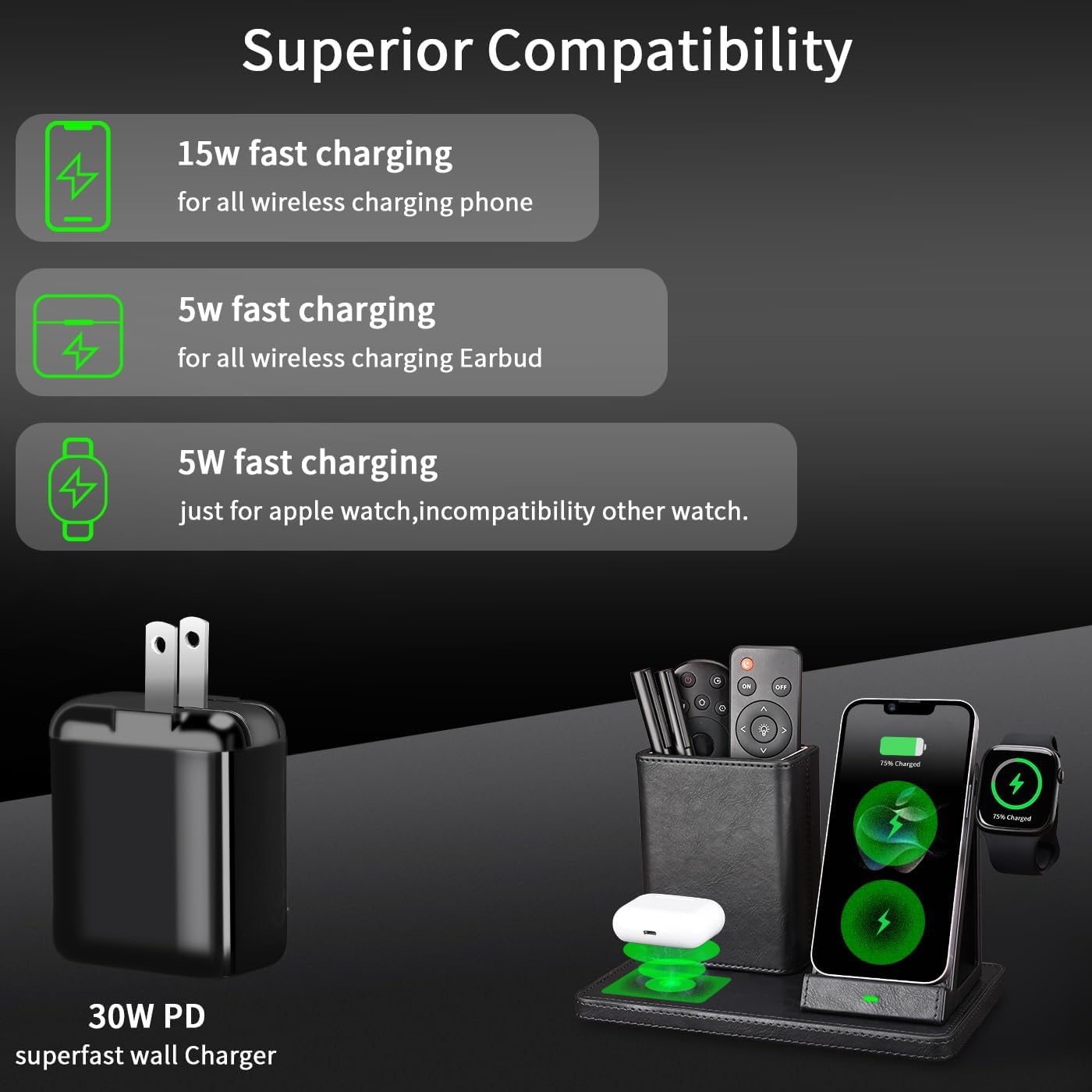 White Leather Pen Holder Desk Organizer with 3-in-1 Wireless Charger for Phone, Earbuds, Watch - Desktop Phone Stand,Birthday Gifts for Women,mom Gifts (Black)