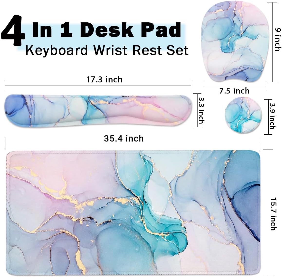 Keyboard Wrist Rest Large Mouse Pad Wrist Support for Computer, 4 in 1 Memory Foam Keyboard Pad Desk Mat Ergonomic Hand Rest Wrist Cushion for Home Office Gaming - Blue Marble