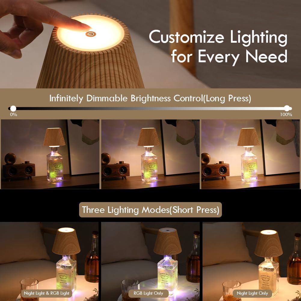 WILIT Wireless Bottle Lamp for Liquor Bottles, 3-Level Brightness LED Night Lights, Wine Lamp for Home Decor, Unique Table Lamp with RGB Lights, Rechargeable Bottle Lights for Bedroom, Black