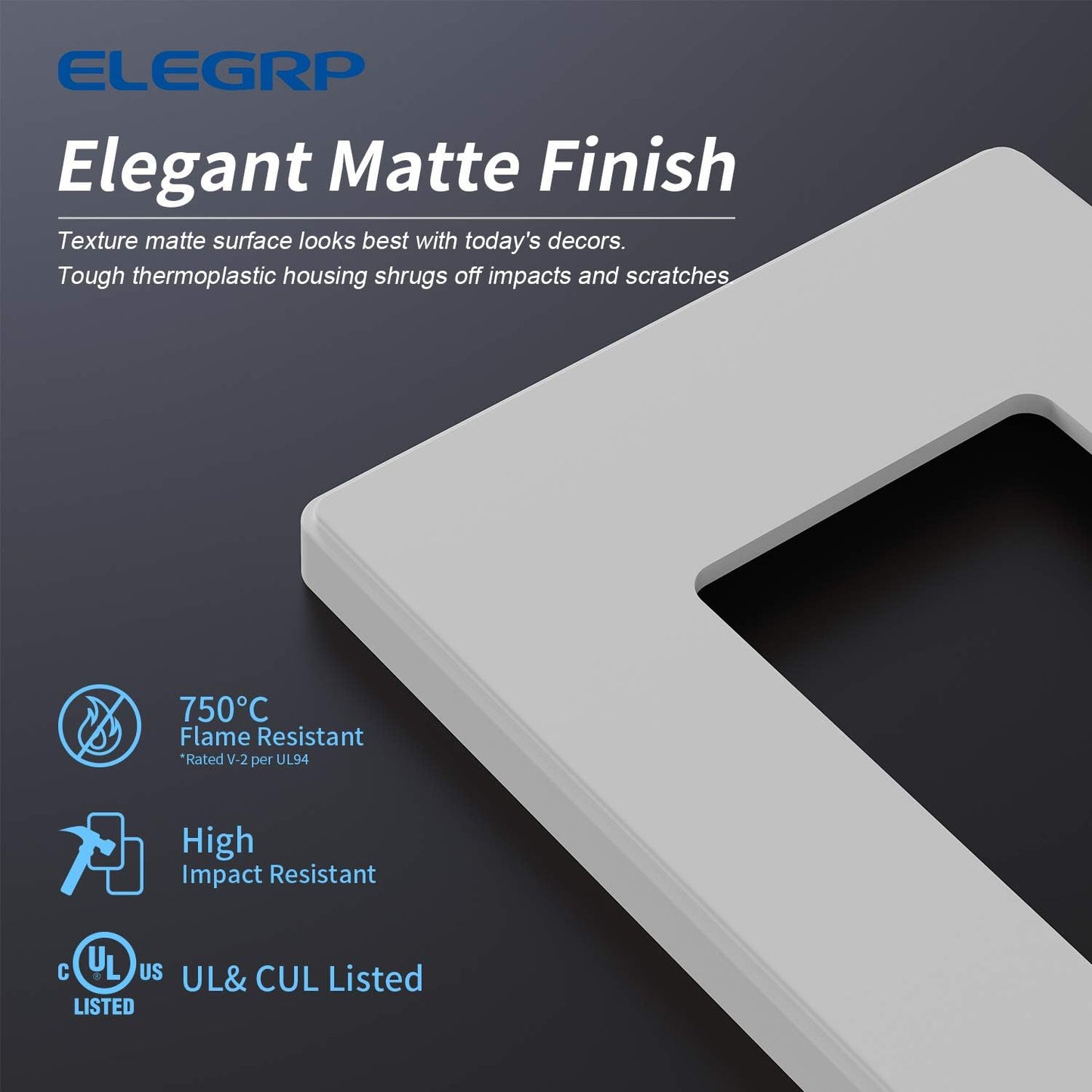 ELEGRP Matte White 1-Gang Screwless Decorative Wall Plates, Standard Size Unbreakable Thermoplastic Faceplate Cover for Decorator Receptacle Outlet Switch, UL Listed (50 Pack)