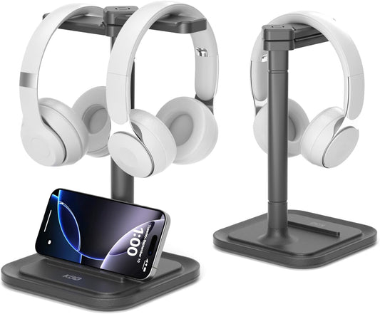 KDD Dual Headphone Stand for Desk - Rotatable Headset Hanger with Phone Holder - Removable Non-Slip Base for Gamers Desktop Accessories
