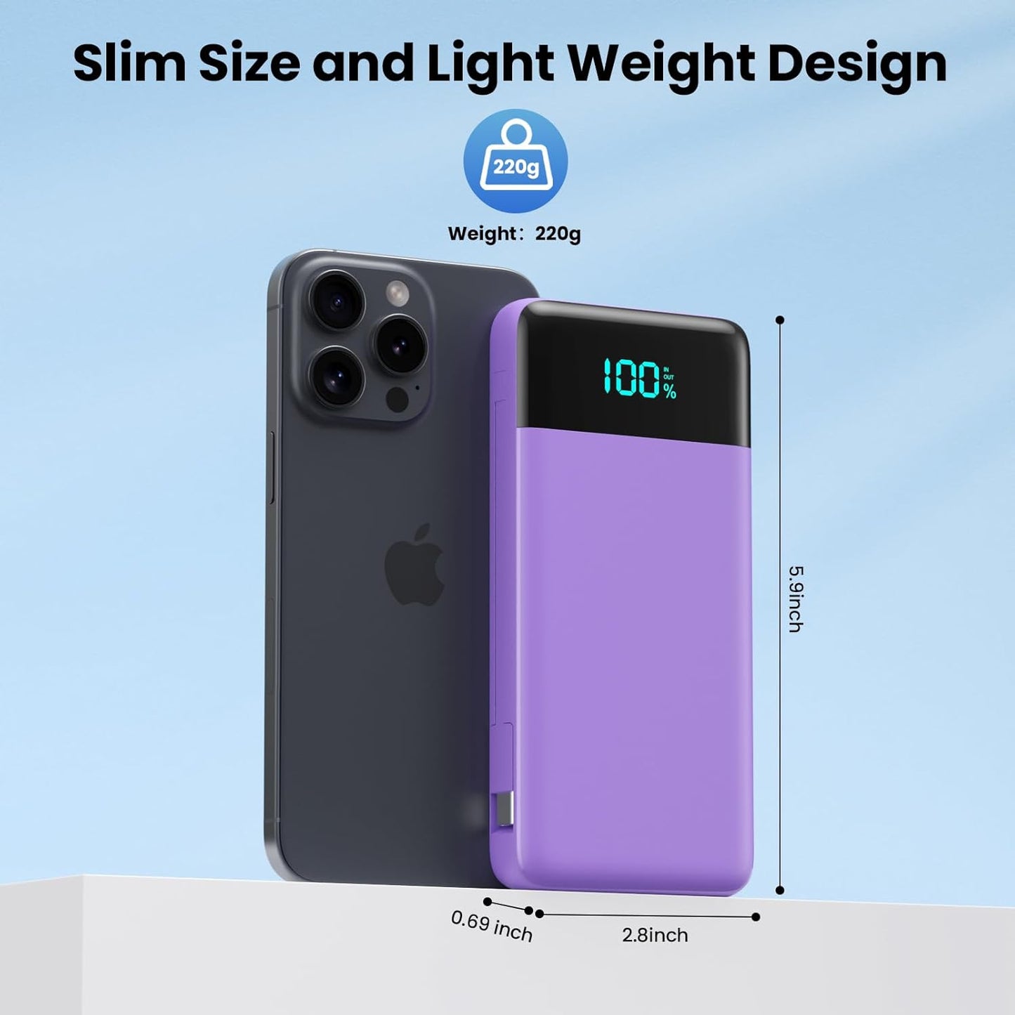 Portable Charger for iPhone with Built in Cables and Wall Plug,Upgraded 13800mAh Fast Charging USB C Power Bank,4 Outputs Travel Essential Battery Pack Compatible with iPhone 15/14/13,Samsung-Purple