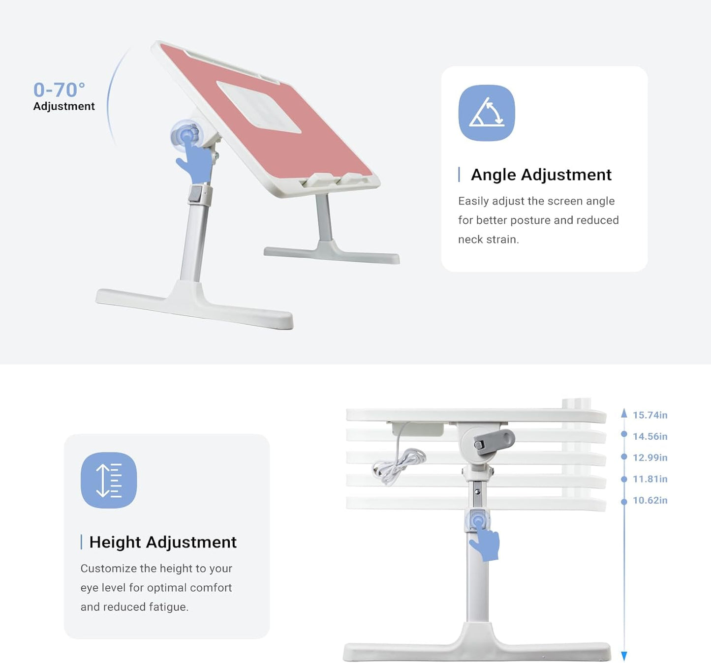 Laptop Lap Desk Include Cooling Fan,Adjustable Lap Desk with Light Fan,Folding Laptop Desk for Bed with USB,Bed Desk with Storage Drawer 56x32cm,Pink