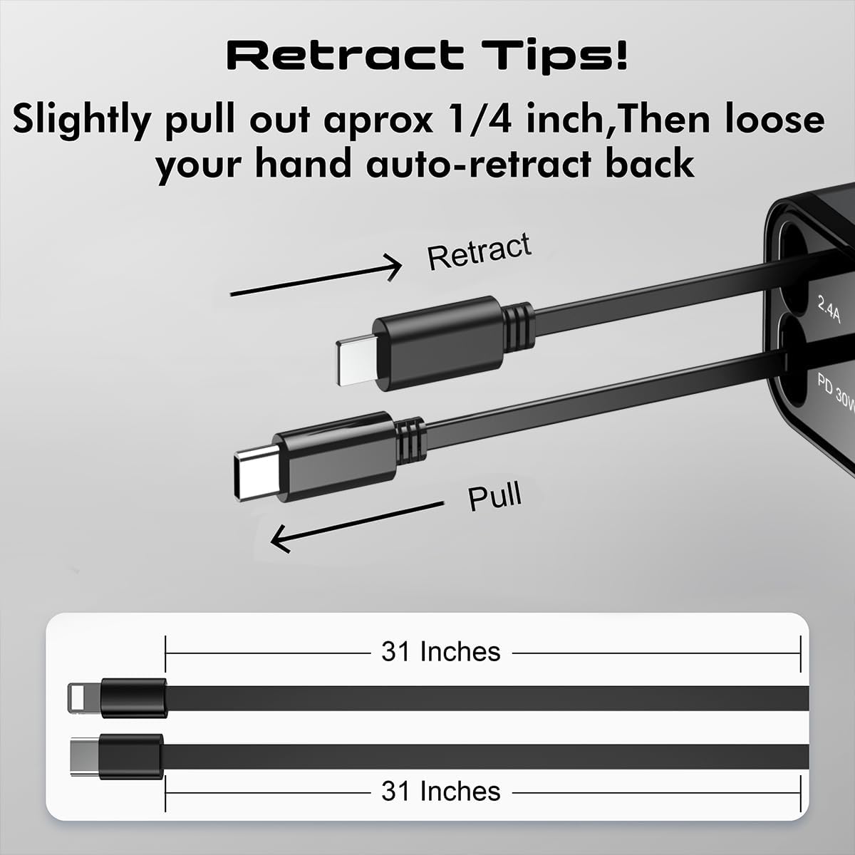 Retractable Car Charger, 4 in 1 Fast Charging USB-C & USB-A Compatible with iPhone 16/15/14/13/12/11 Pro Max, 69W Fast Car-Charger Cigarette Lighter Adapter for Galaxy, Pixel (Light-ning+USB-C) Black