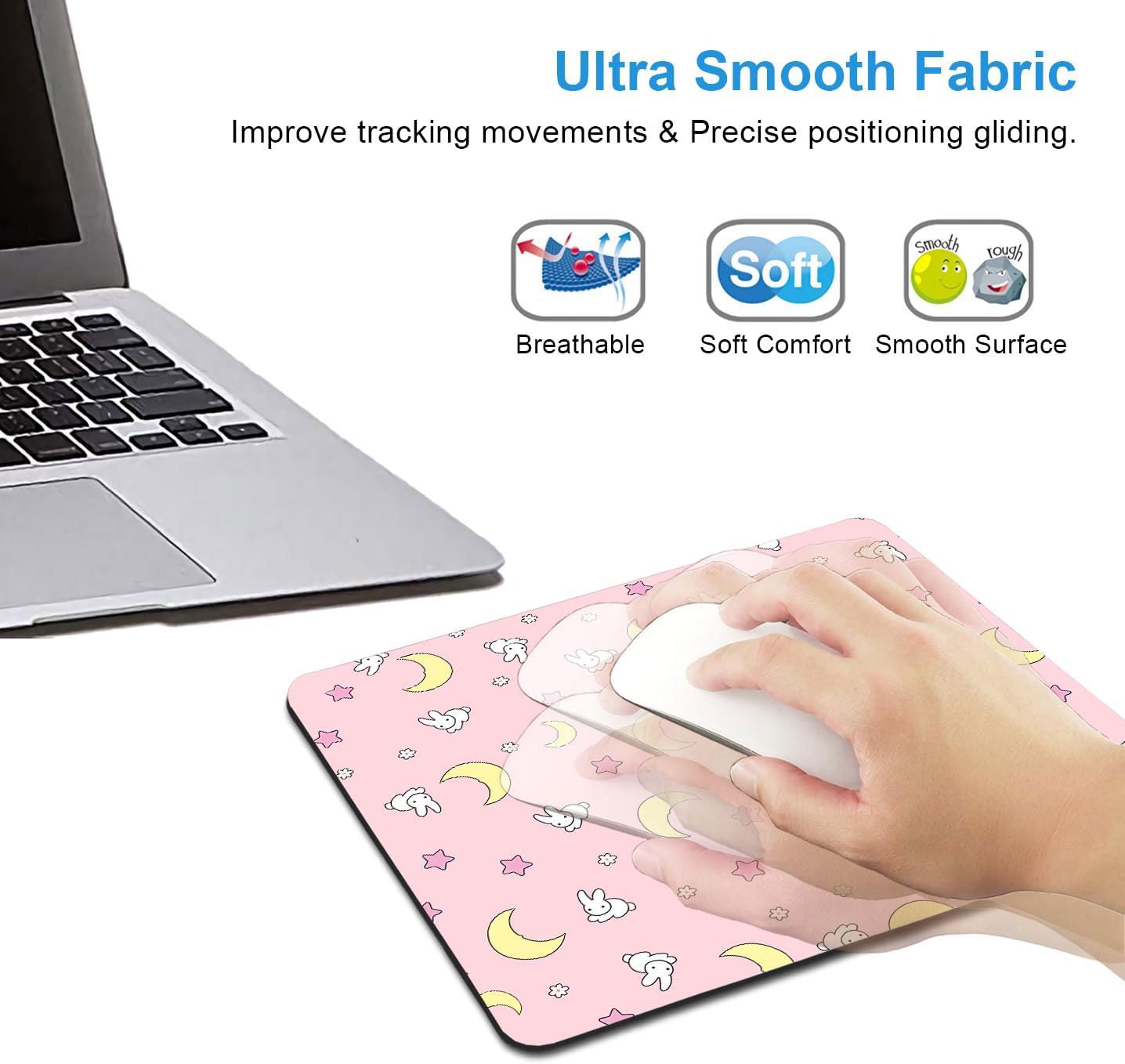 IMAYONDIA Pink Kawaii Mouse Pad, Cute Moon Bunny Small Mouse Mat，Aesthetic Anime Mousepad for Women Kids Office Home School, Computer PC Laptop Mice Pad, 9.5 x 7.9 Inch
