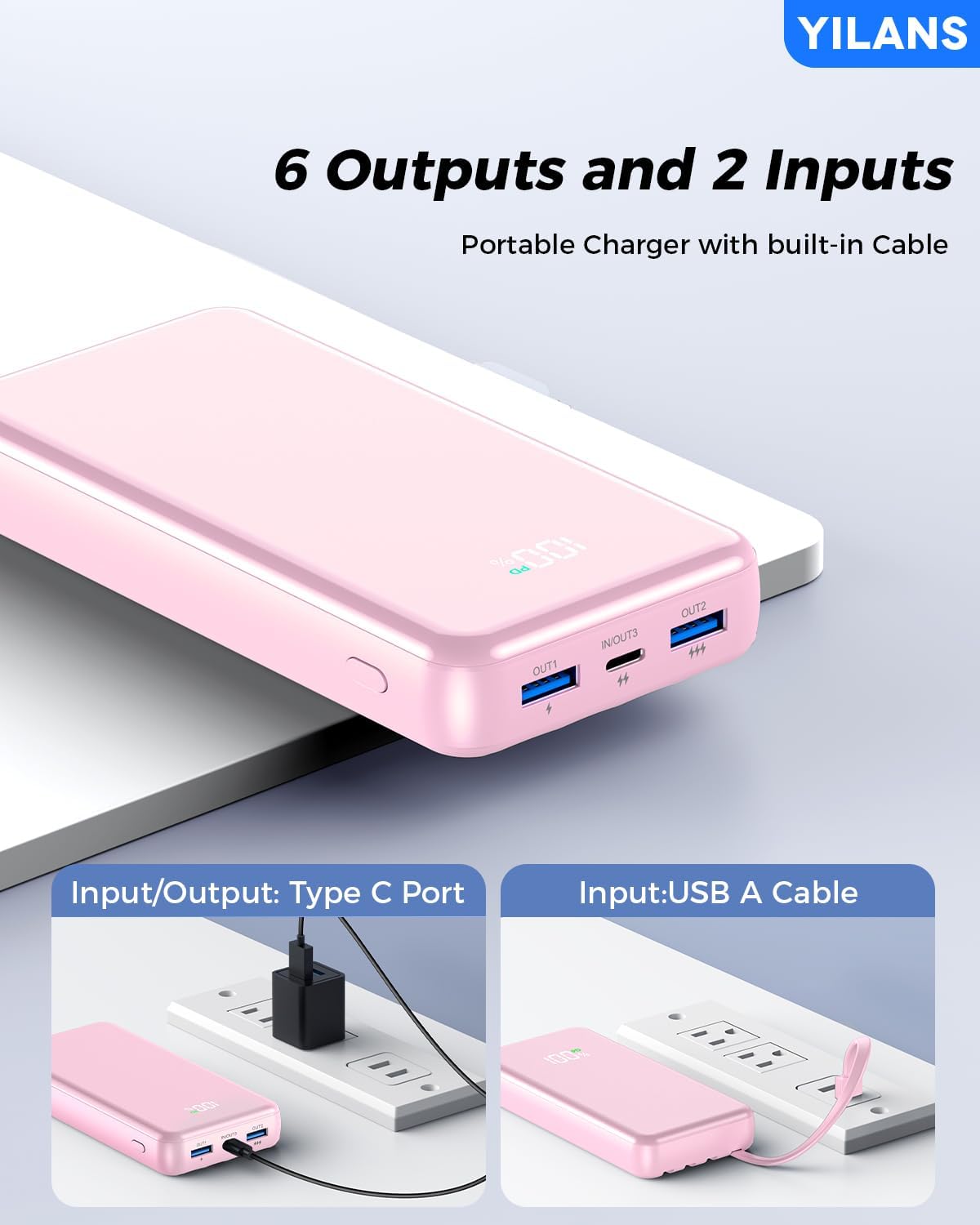 Portable Charger, 42800mAh Power Bank Built-in Cable, 22.5W PD USB C In & Out Fast Charging, External Battery Pack with 6 Output & 2 Input, Travel Phone Charger for iPhone 16/15/14/13/12 (Pink)