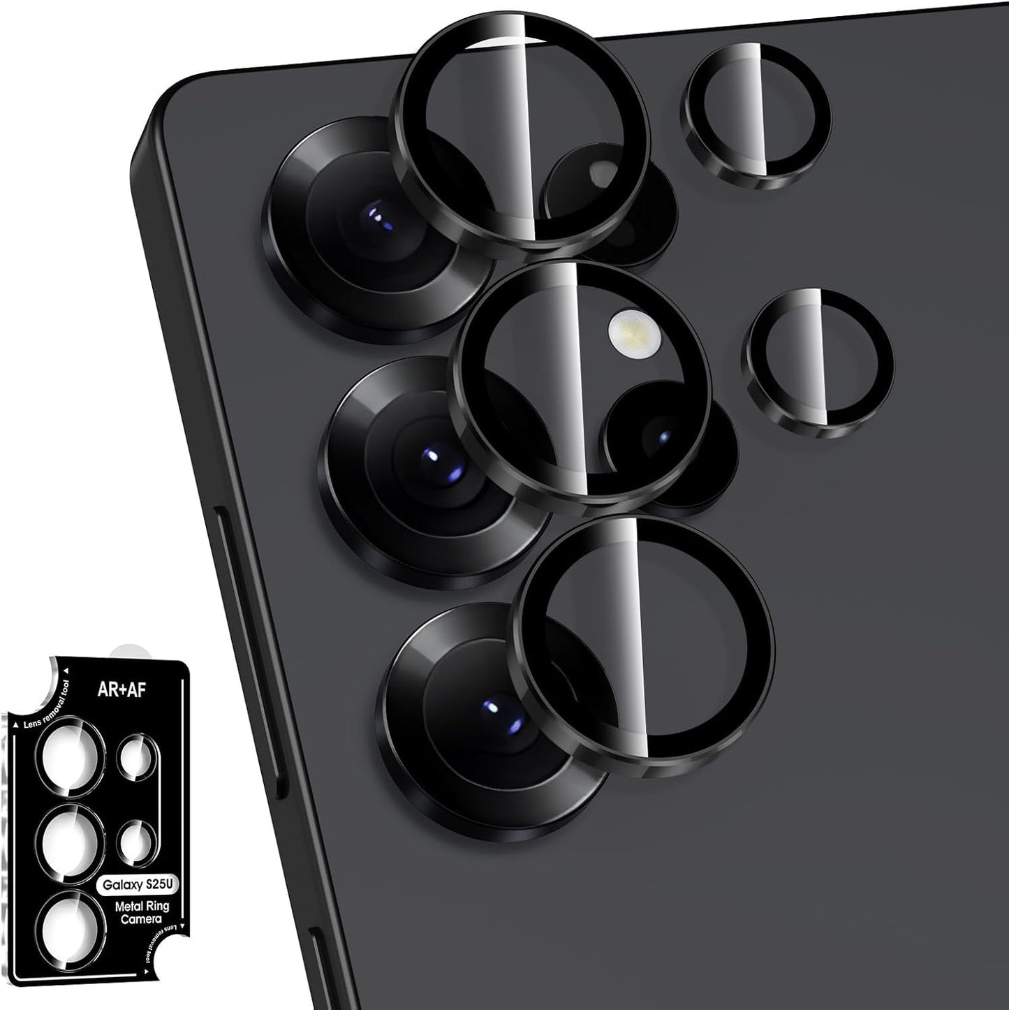 for Samsung Galaxy S25 Ultra Camera Lens Protector, Individual Metal Ring Tempered Glass Lens Cover, [Strong Adsorption] Scratch Resistant Ultra-Thin HD Clear Lens Cover, 1 Set-Black Ring