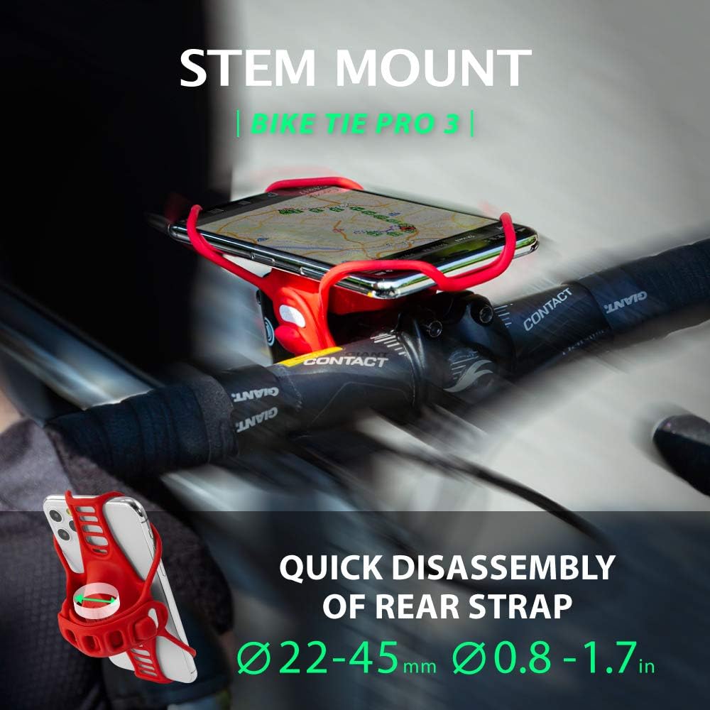 BONE Bike Tie Pro 3, Bike Cell Phone Mount for Stem, Scratch-Free Silicone Holder with Shock-Absorbing Design, Universal Cycling Phone Holder Compatible with Most Smartphone (Red - Stem)