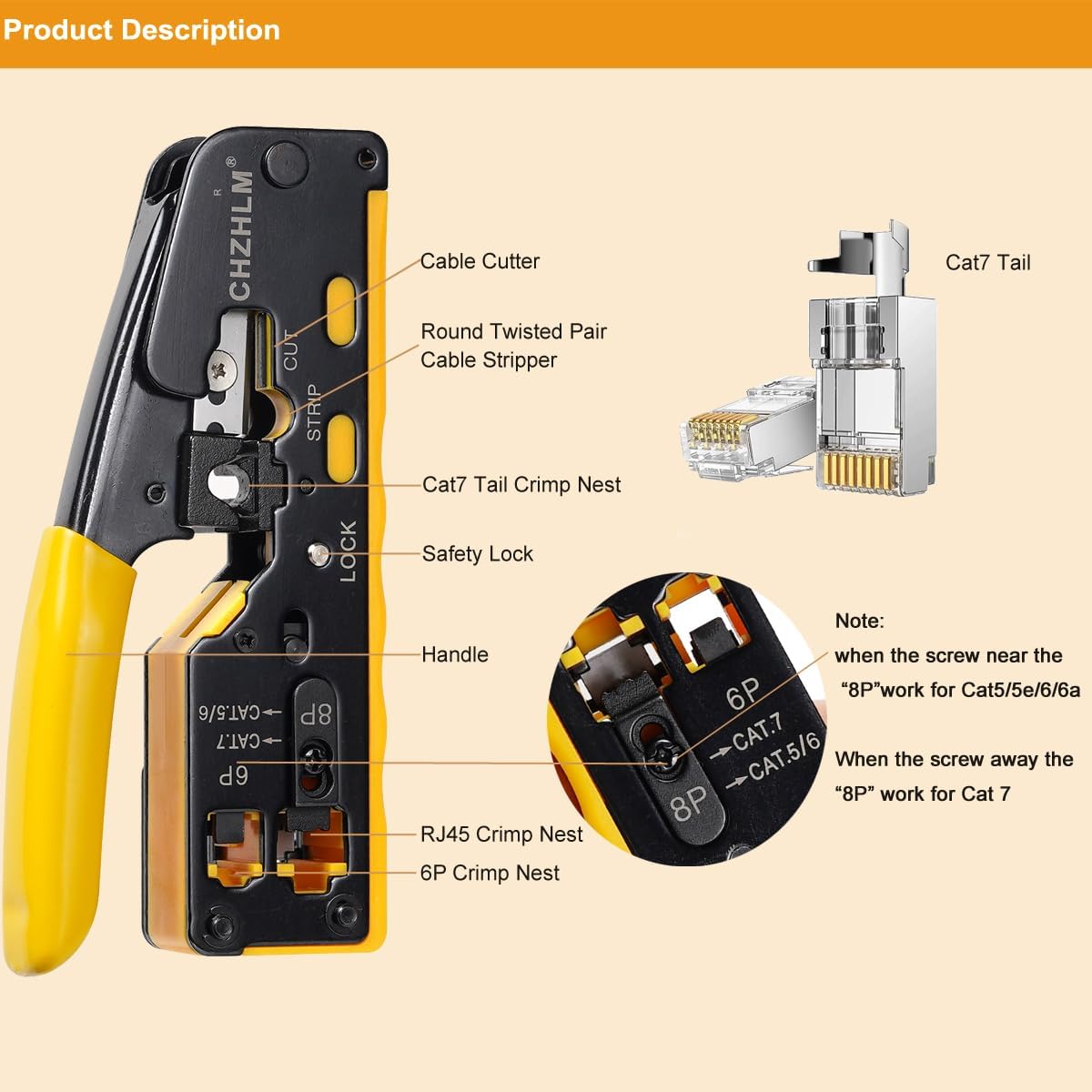 Rj45 Crimp Tool Pass Through Ethernet Crimping Tool kit for 8P-Cat7 Cat6 Cat5 6P Telephone Connector Network Crimp Tool RJ45 Crimper With Cable Tester Covers Connectors Mini Yellow Stripper