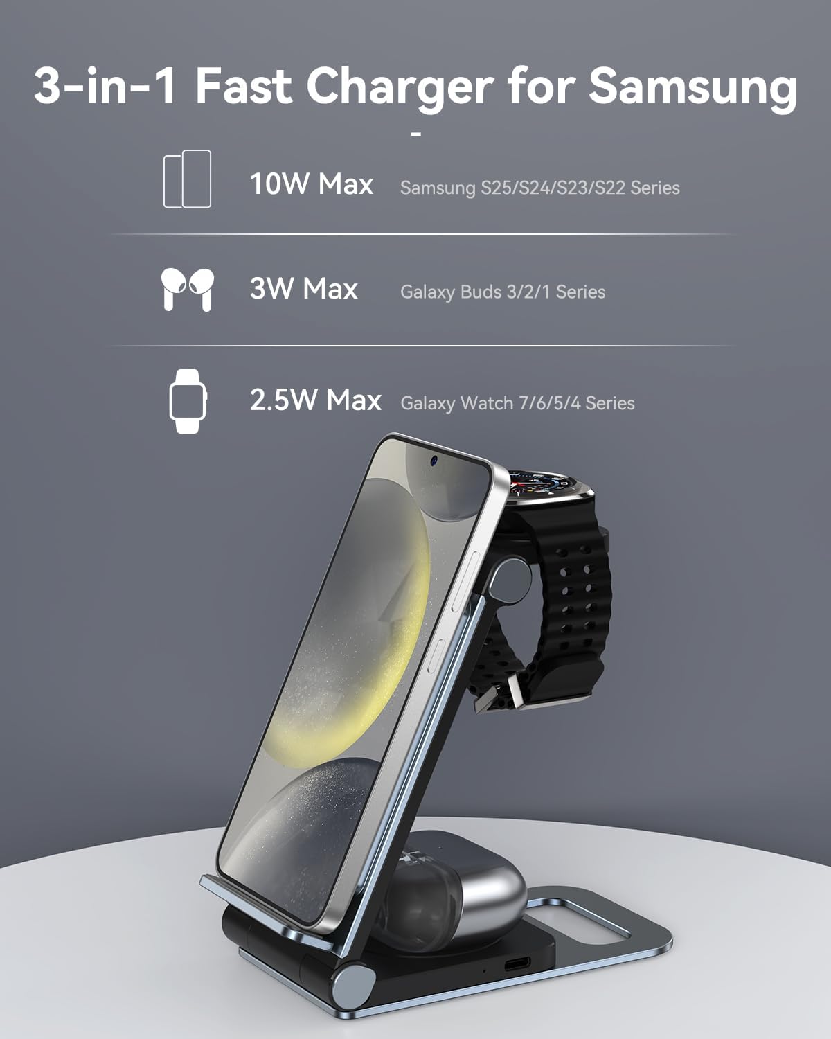 Wireless Charger for Samsung 3 In 1 Wireless Charging Station Foldable Wireless Charger Stand for Samsung S25 Ultra S24 S23 S22 Z Flip Z Fold 6 5 for Galaxy Watch 7/6/5/4 for Galaxy Buds Elegant Black