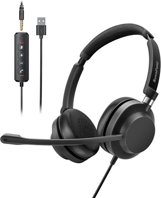 USB Headset with Microphone for PC-Wired Noise Reduction Office Headset work for Laptop/Mac,Computer Headphones with Volume Control & Mic Mute,Compatible with Zoom/Skype/MS/Teams/Call Centers