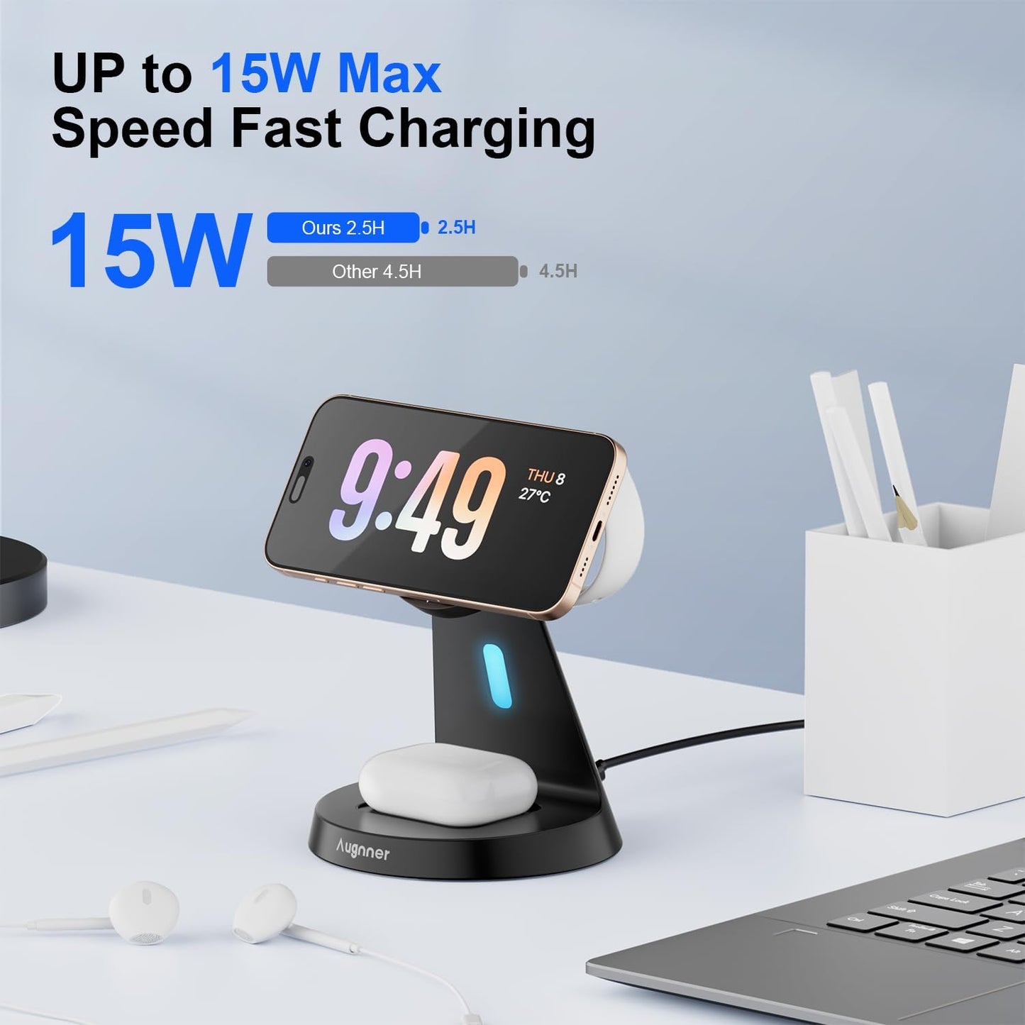 Magnetic Wireless Charger Stand 3 in 1 Charging Station 15W Fast Charging Stand Wireless Charger for iPhone16/15/14/13/12 Series, Watch Series, Earphone,Non-Slip Base