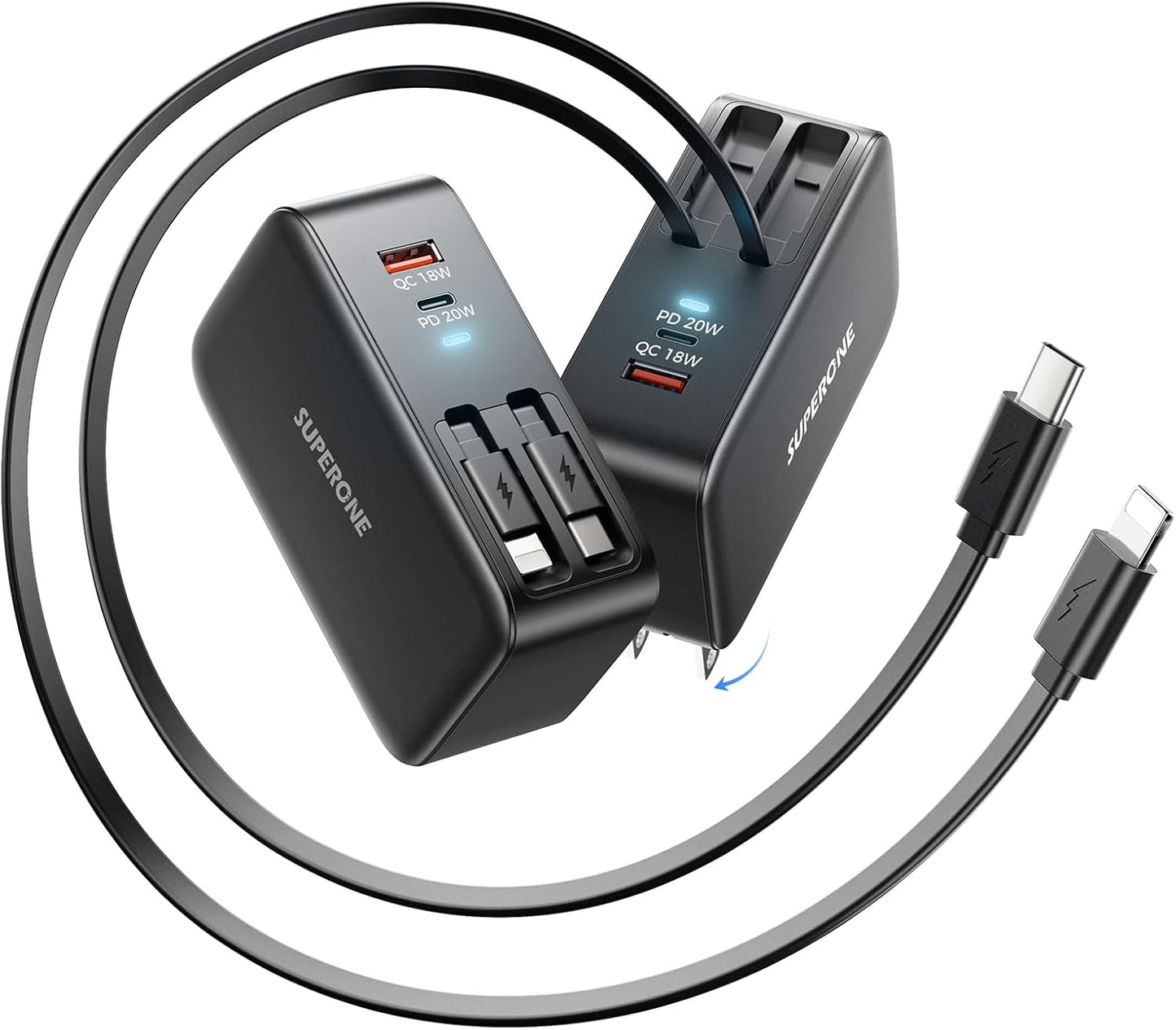 SUPERONE Retractable iPhone charger, 4-Port USB C Charger Block, iPhone Chargers Fast Charging with USB C & Apple Cable, Wall Chargers for iPhones 16/15/14/13/12/11 Series, Pad, Samsung, Pixel - Black