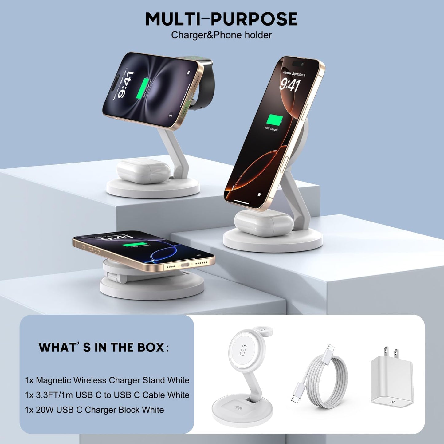 Charging Station for Apple Magnetic Wireless iPhone Mag-Safe Charger,15W 3in1 Foldable Wireless Dock Fast MagSafe Charger Stand for iPhone 16 Pro Max/16 Plus/15 ProMax/14/13/12,Apple Watch,AirPods Pro