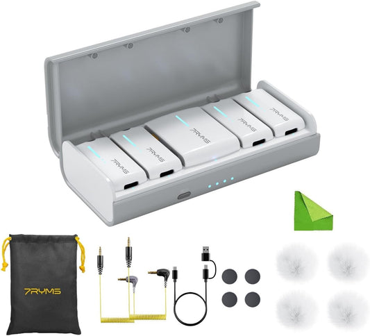 7RYMS iRay DW40 Wireless Lavalier Microphone with Four Transmitters One Charging Case Support AI Denoise, 48kHz/24bit Recording for Video Vlog, Interview, Live Streaming, Podcasting-White