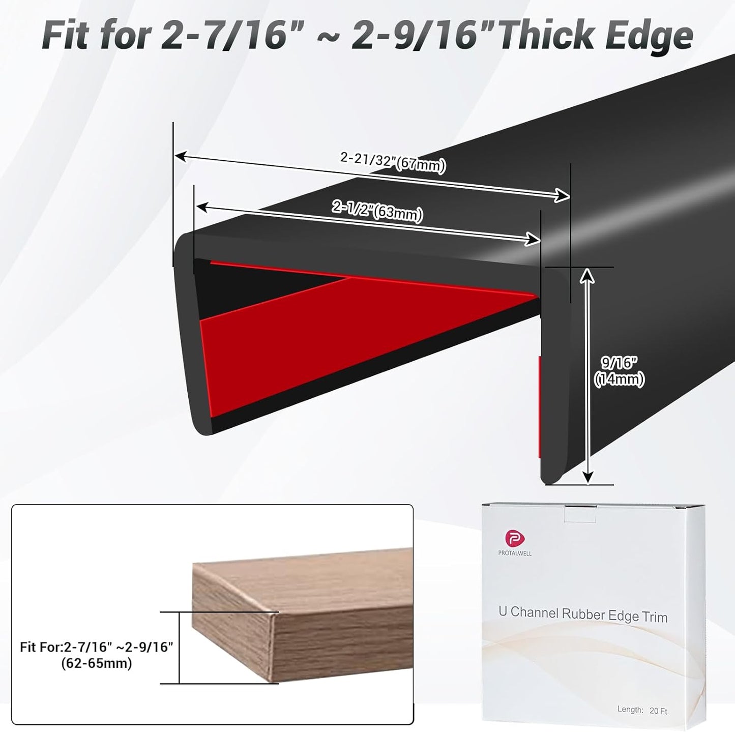 Rubber Edge Trim, 2-1/2 inch Wide U Channel Edge Trim, Big Size U Shaped Trim, Self Adhesive Edge Banding for Plywood, Woods, Doors, Shelf, Cabinet, Countertop, Length 20Ft, Black Gloss Finish