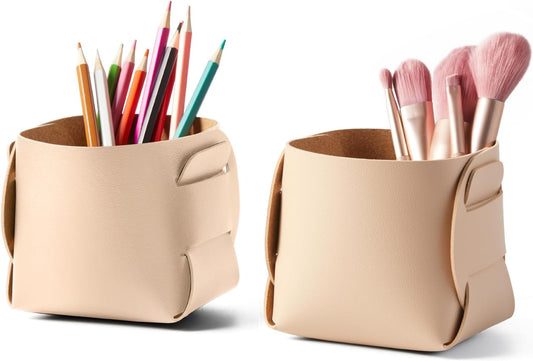 HOMIEAZICOZI 2-Pack Cork Leather Desk Accessories Storage - Pencil Pen Holder - Makeup Brush Holder Organizer - Stylish Addition to Home Decor (Apricot)